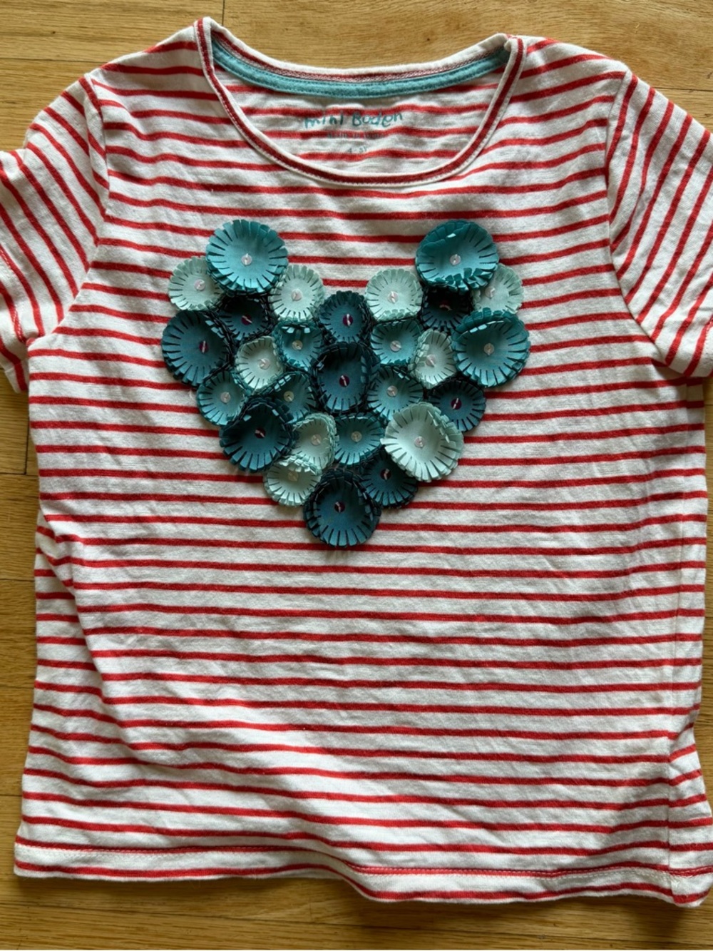 MB Striped Red & White Kids Top with Teal Heart Appliqué